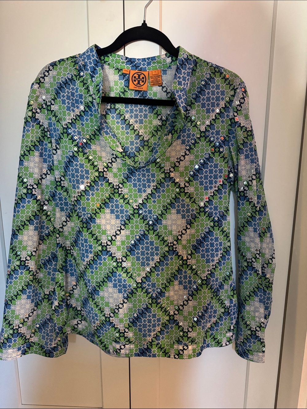 Tory Burch Green & Blue Geometric Floral Silk Shirt
